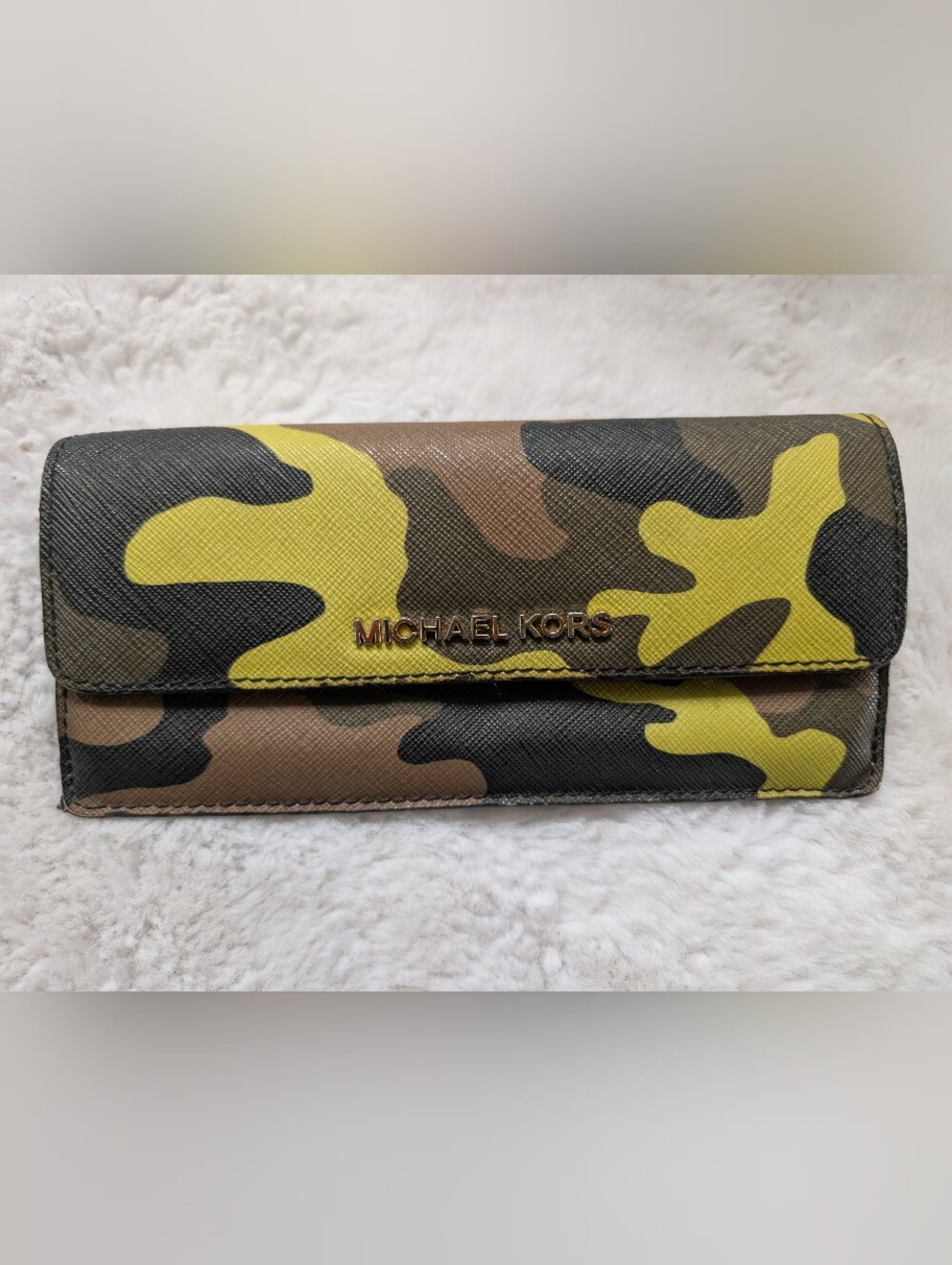 Michael Kors Yellow & Brown Camo Leather Flap Wallet